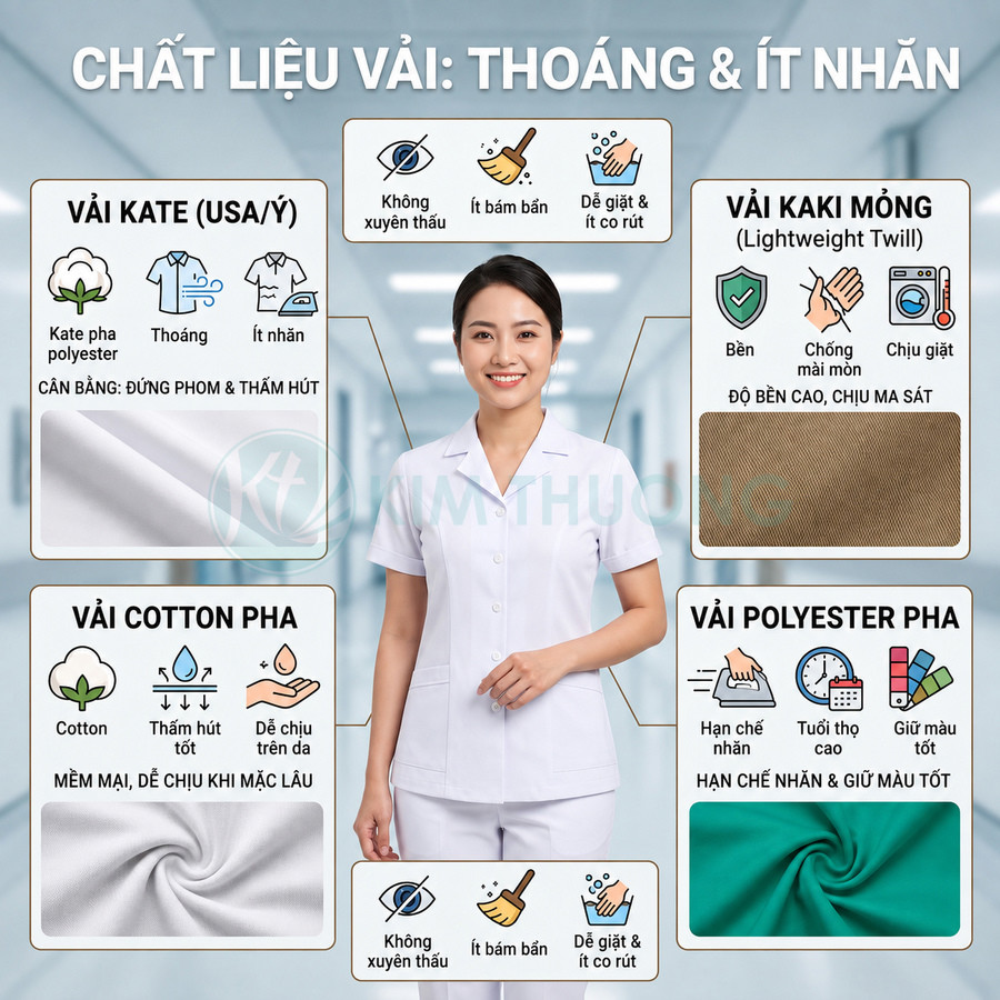 Đồng phục y tá nữ màu trắng đứng giữa, xung quanh là các loại vải may áo quần y tế thoáng mát ít nhăn