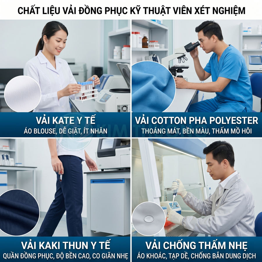 Các loại vải may đồng phục kỹ thuật viên xét nghiệm gồm kate y tế, cotton polyester, kaki thun và vải chống thấm