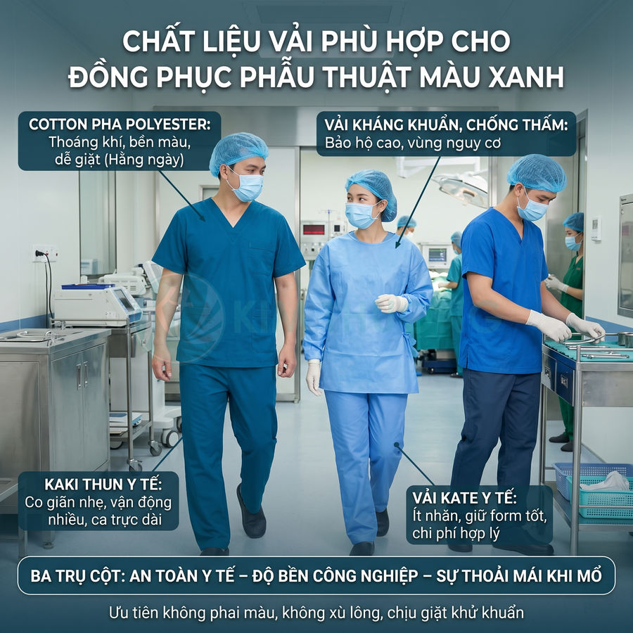 Bác sĩ và nhân viên y tế mặc đồng phục phẫu thuật màu xanh trong phòng mổ hiện đại