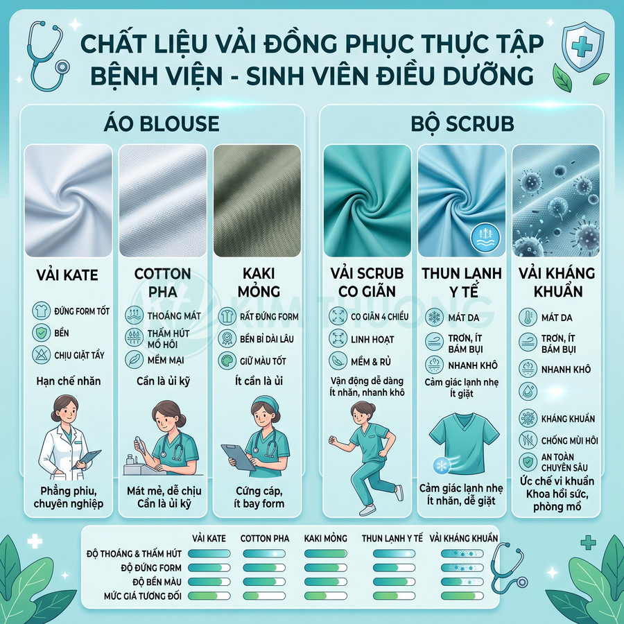 Bảng so sánh chất liệu vải áo blouse và bộ scrub cho đồng phục thực tập bệnh viện, sinh viên điều dưỡng