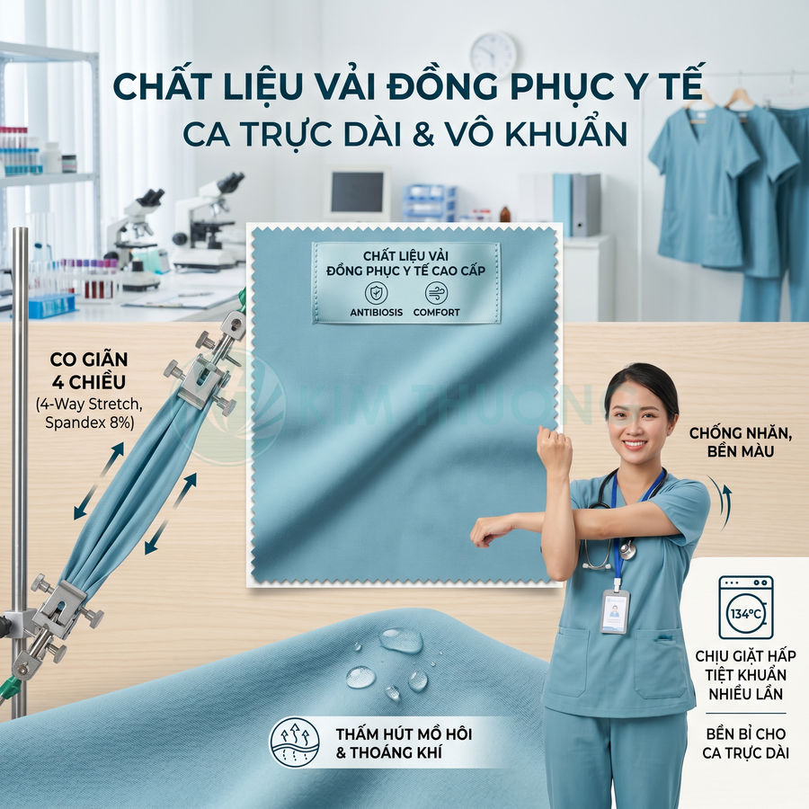Vải đồng phục y tế màu xanh co giãn 4 chiều, thấm hút mồ hôi, chống nhăn bền màu cho ca trực dài