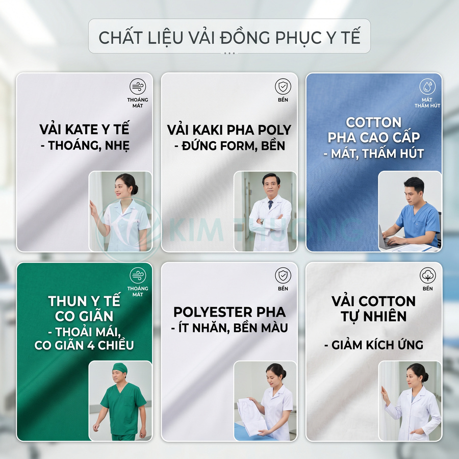 Các loại vải may đồng phục y tế như kate, kaki poly, cotton, thun co giãn, polyester pha, cotton tự nhiên