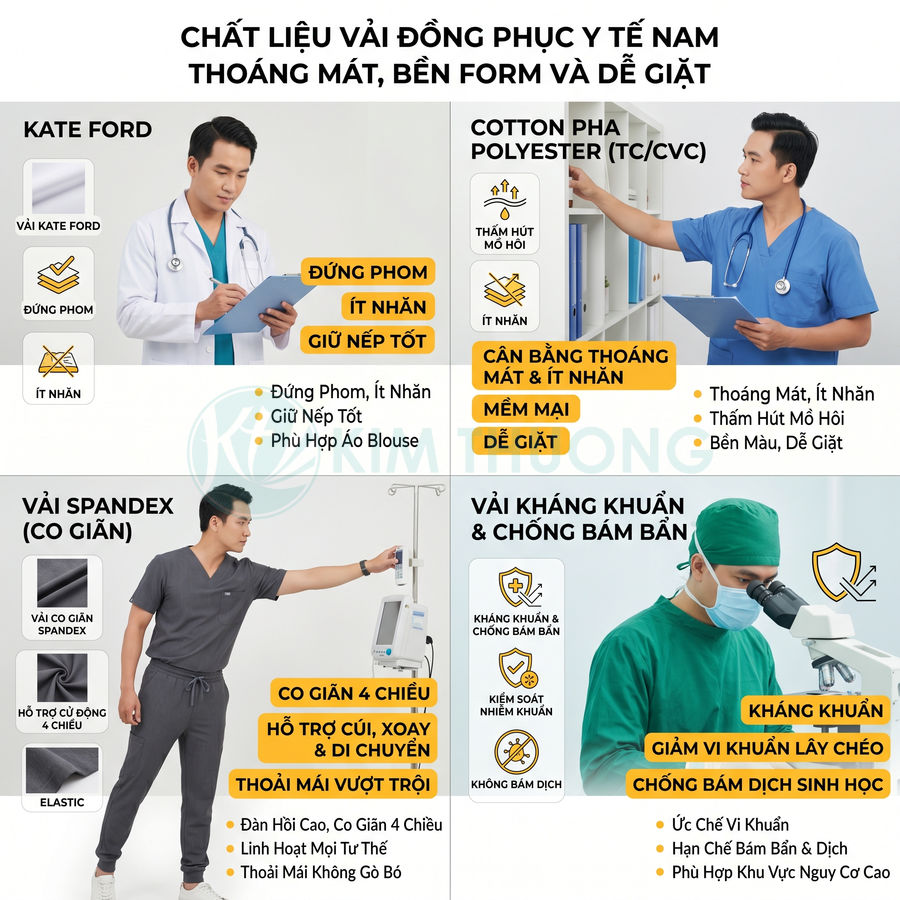 Các loại vải đồng phục y tế nam thoáng mát co giãn kháng khuẩn cho bác sĩ và điều dưỡng