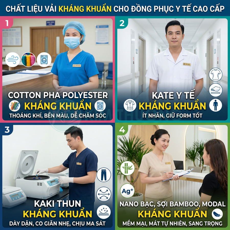 Đồng phục y tế kháng khuẩn nhiều chất liệu cotton polyester, kate, kaki thun, nano bạc bamboo modal cho bác sĩ y tá