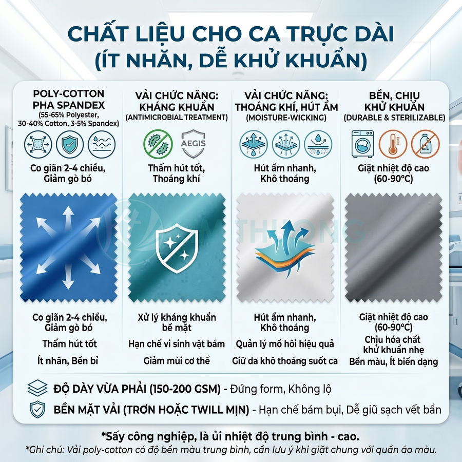 Chất liệu vải poly cotton spandex kháng khuẩn, thoáng khí, hút ẩm tốt, bền màu, chịu nhiệt cao cho ca trực dài