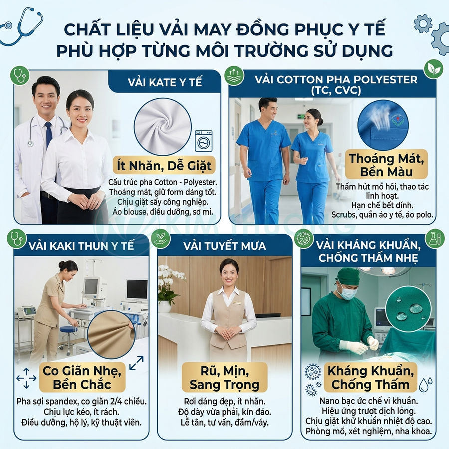 Các loại vải may đồng phục y tế như kate, cotton pha polyester, kaki thun, tuyết mưa, vải kháng khuẩn chống thấm