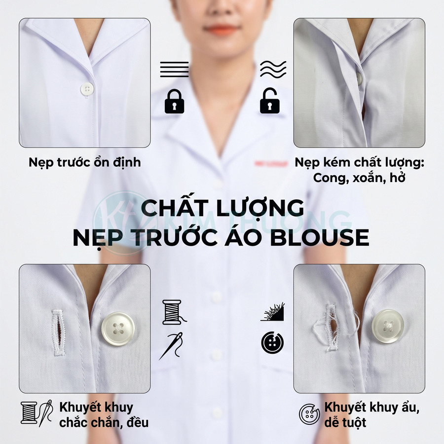 Áo blouse trắng với nẹp trước phẳng, khuyết khuy chắc chắn và đều