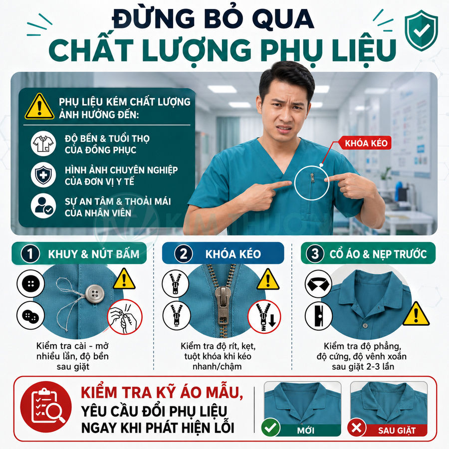 Đồng phục y tế màu xanh dương với hướng dẫn kiểm tra chất lượng khuy nút, khóa kéo, cổ áo và nẹp trước