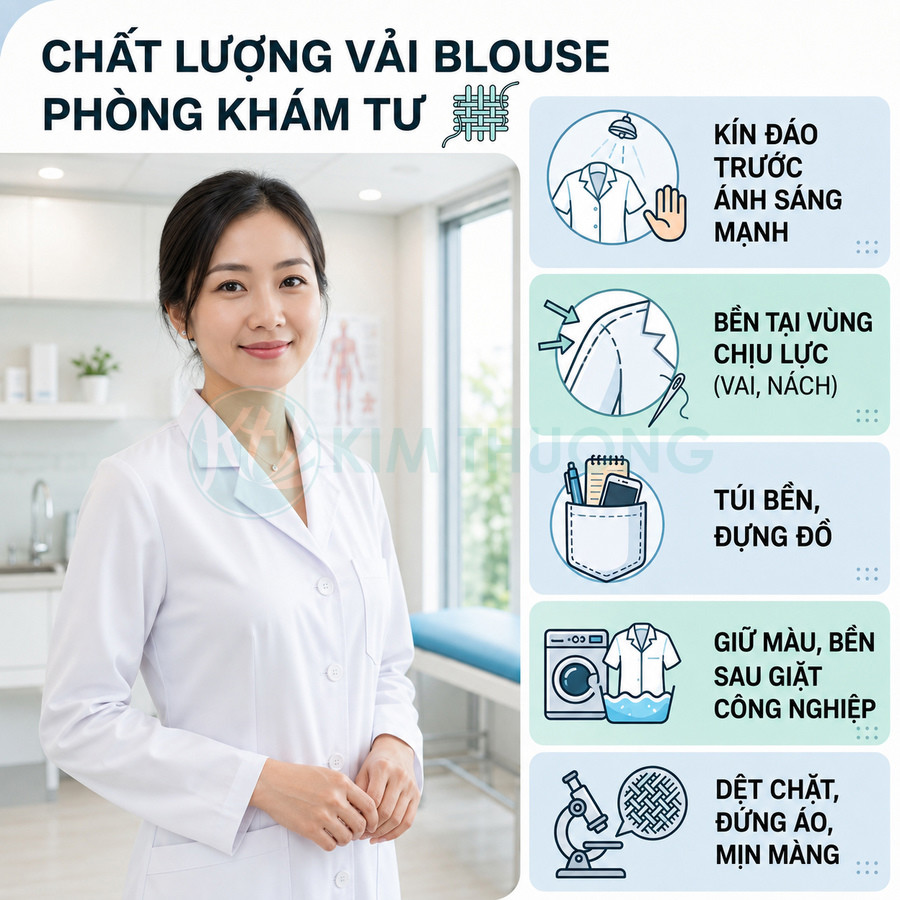 Bác sĩ nữ mặc áo blouse trắng đứng trong phòng khám tư, giới thiệu chất lượng vải áo blouse mịn, bền, kín đáo
