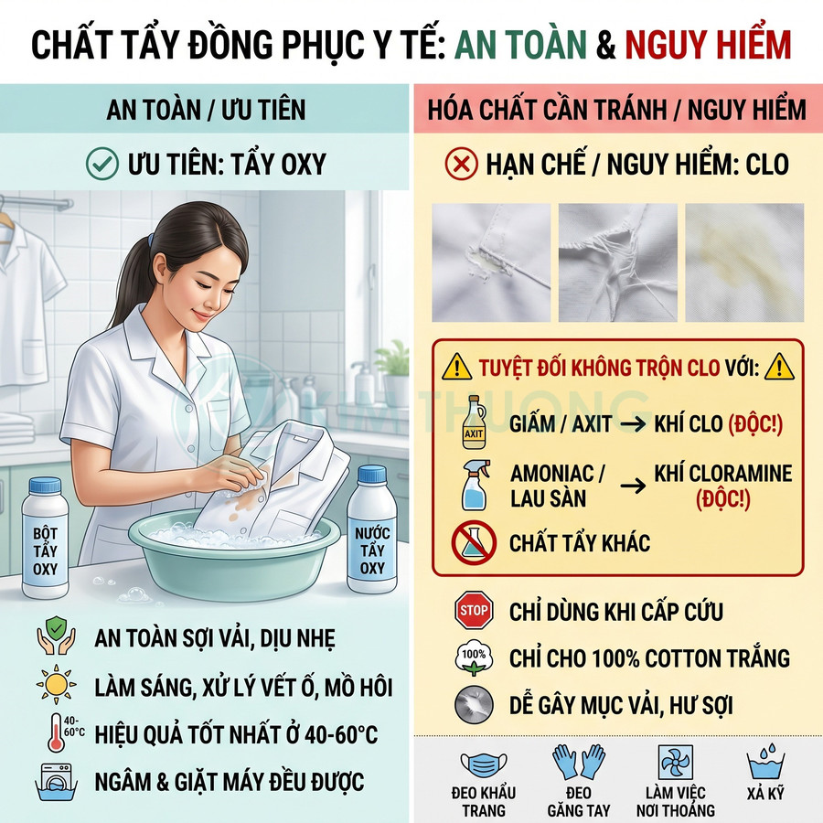 Hướng dẫn dùng bột tẩy oxy an toàn cho đồng phục y tế trắng và cảnh báo nguy hiểm khi dùng chất tẩy clo