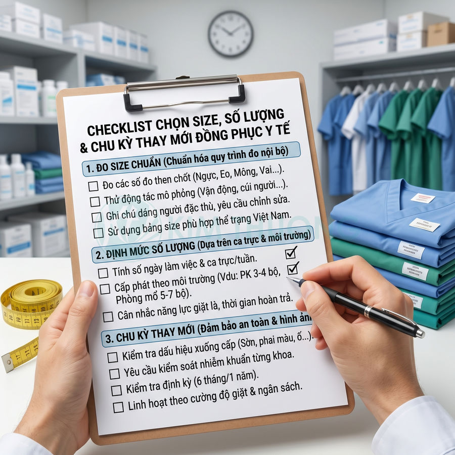 Checklist chọn size và số lượng đồng phục y tế trên clipboard, cạnh thước dây và chồng áo blouse, scrub trong phòng kho