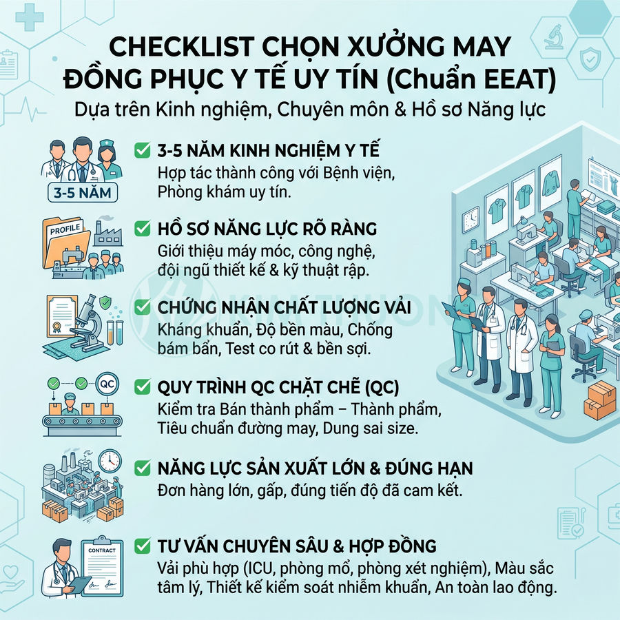 Checklist chọn xưởng may đồng phục y tế uy tín với tiêu chí kinh nghiệm, chất lượng vải và quy trình sản xuất