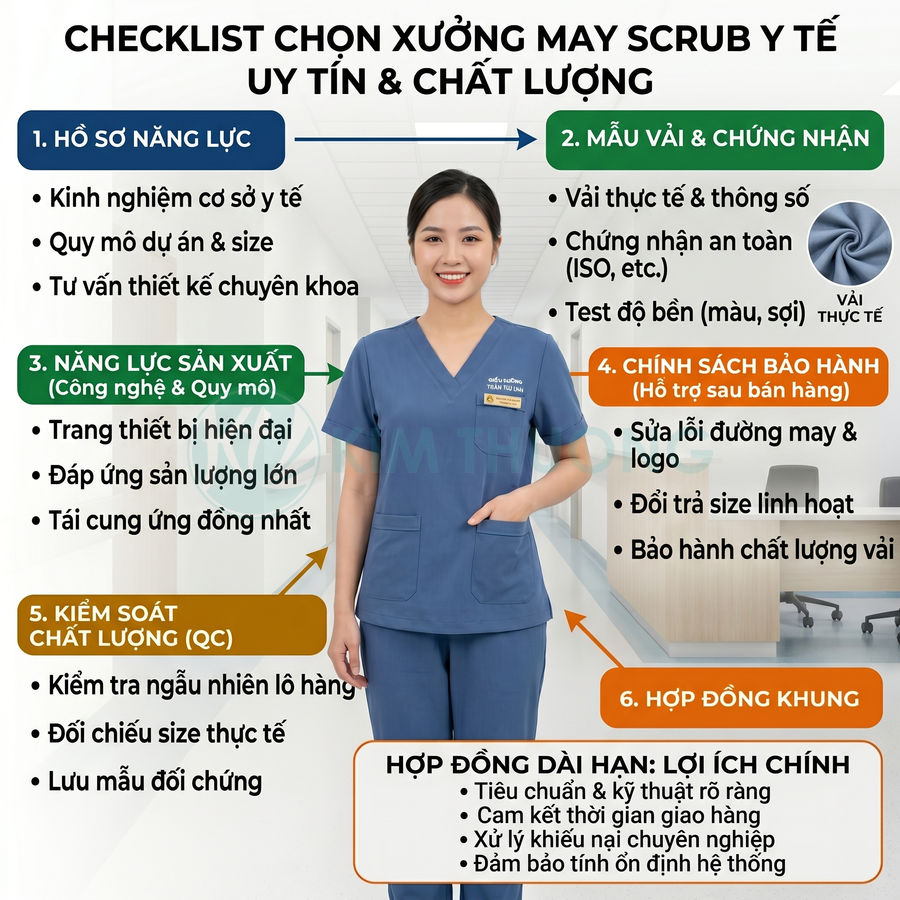 Nữ nhân viên y tế mặc bộ scrub màu xanh đứng giữa infographic checklist chọn xưởng may scrub uy tín