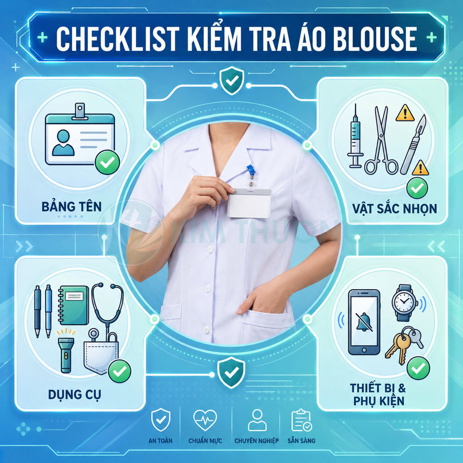 Checklist kiểm tra áo blouse bác sĩ với bảng tên, dụng cụ y tế, vật sắc nhọn và thiết bị phụ kiện