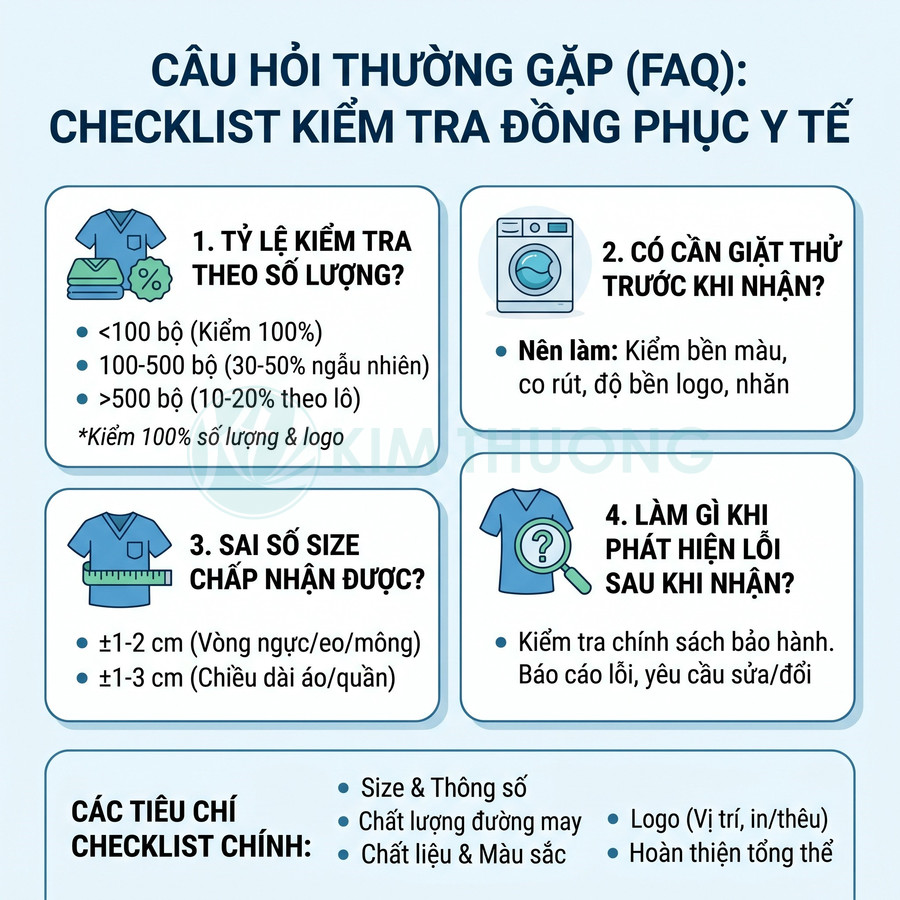 Checklist kiểm tra chất lượng đồng phục y tế với hướng dẫn tỷ lệ kiểm, giặt thử, sai số size và xử lý khi phát hiện lỗi