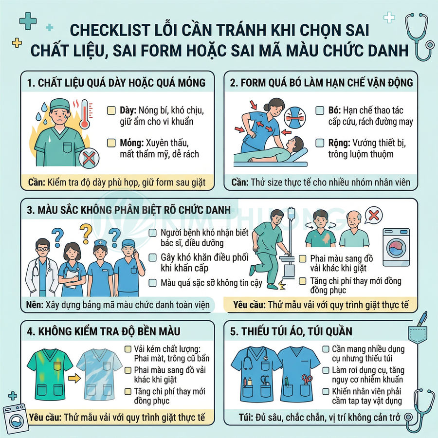 Checklist lỗi cần tránh khi chọn chất liệu, form và màu sắc đồng phục y tế cho bác sĩ điều dưỡng