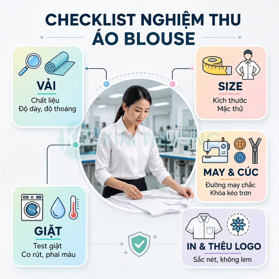 Checklist nghiệm thu áo blouse với nhân viên kiểm tra vải, size, đường may, giặt và in thêu logo trong xưởng may