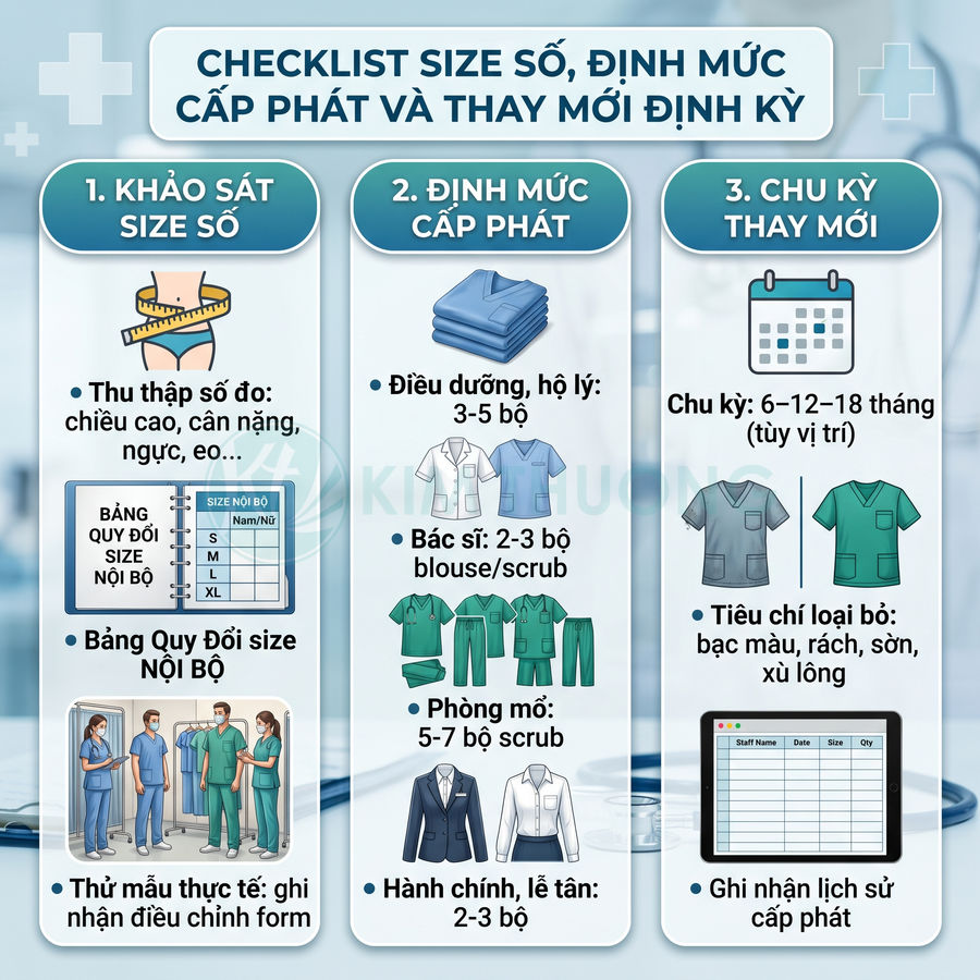 Checklist chọn size, định mức cấp phát và chu kỳ thay mới đồng phục y tế cho điều dưỡng, bác sĩ, phòng mổ, lễ tân