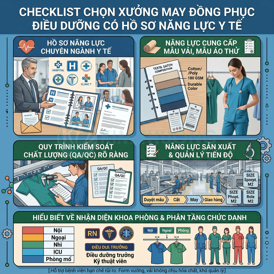 Checklist chọn xưởng may đồng phục điều dưỡng y tế, quy trình kiểm soát chất lượng và năng lực sản xuất rõ ràng