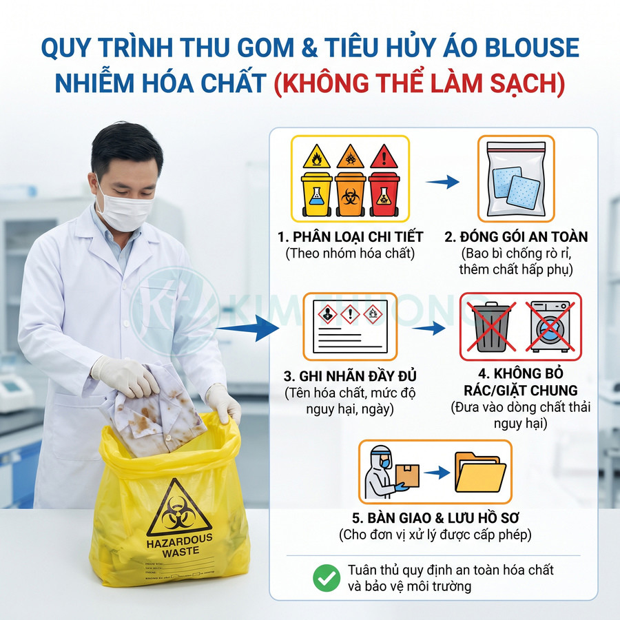 Nhân viên phòng thí nghiệm bỏ áo blouse nhiễm hóa chất vào túi vàng đựng chất thải nguy hại, kèm quy trình xử lý an toàn