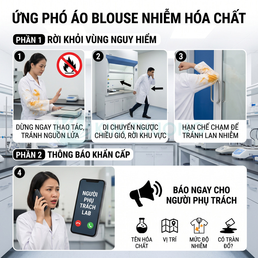 Hướng dẫn xử lý áo blouse phòng thí nghiệm bị nhiễm hóa chất và báo người phụ trách khẩn cấp