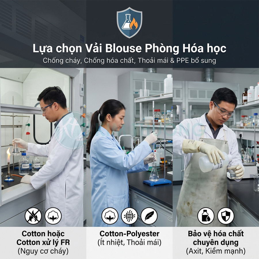 Các loại áo blouse phòng thí nghiệm chống cháy và hóa chất bằng cotton, cotton xử lý FR hoặc cotton polyester