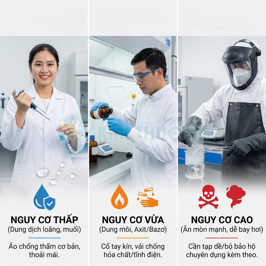 Trang phục bảo hộ phòng thí nghiệm theo mức nguy cơ hóa chất thấp, vừa và cao, từ áo chống thấm đến bộ đồ chuyên dụng.