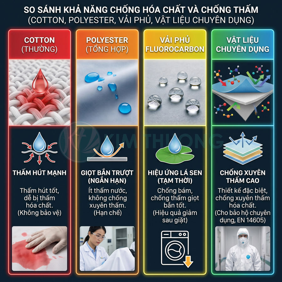 So sánh khả năng chống hóa chất và chống thấm của vải cotton, polyester, vải phủ fluorocarbon và vật liệu chuyên dụng