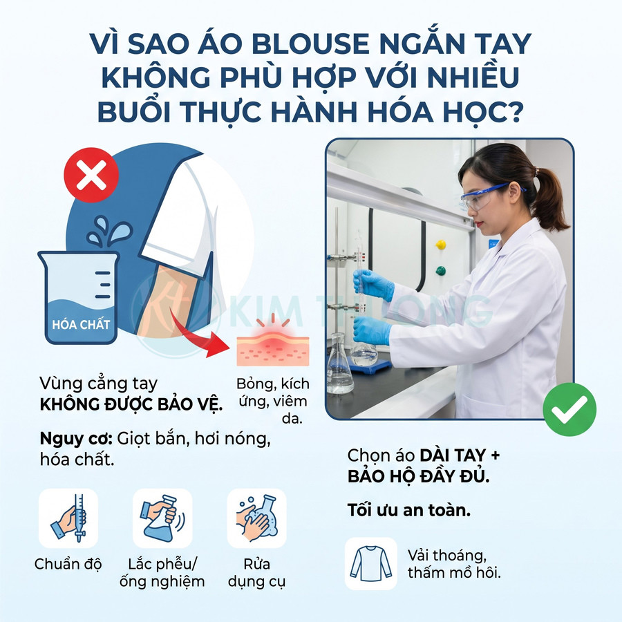 Áo blouse dài tay bảo hộ cho nữ khi thực hành hóa học, giúp che kín cánh tay và tăng an toàn trong phòng thí nghiệm