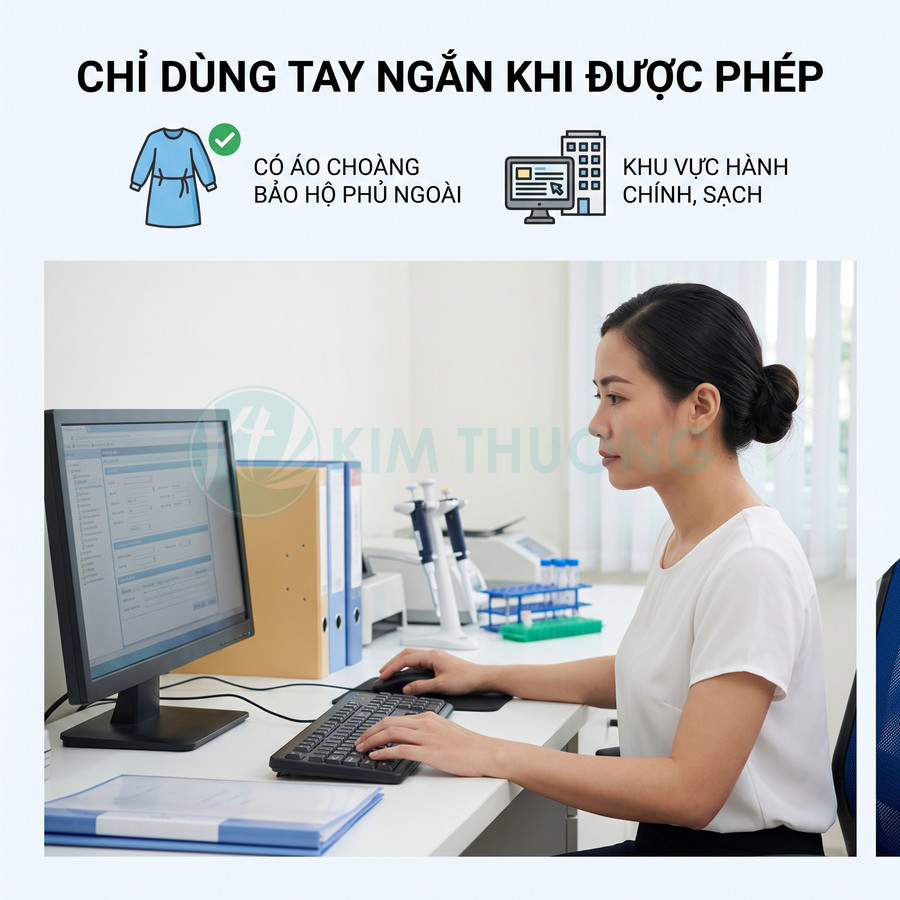 Nhân viên văn phòng mặc áo thun tay ngắn làm việc trên máy tính tại khu vực hành chính sạch sẽ