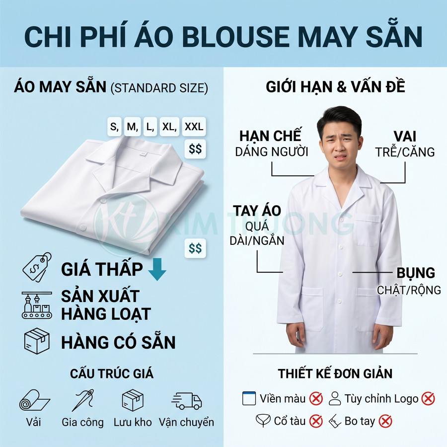Áo blouse y tế may sẵn màu trắng, thiết kế đơn giản, minh họa hạn chế về form dáng và kích cỡ