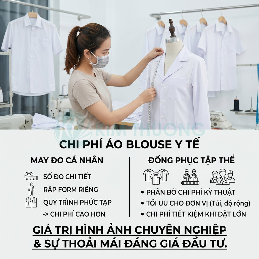 Thợ may đo áo blouse y tế trắng trên ma nơ canh trong xưởng may đồng phục bệnh viện