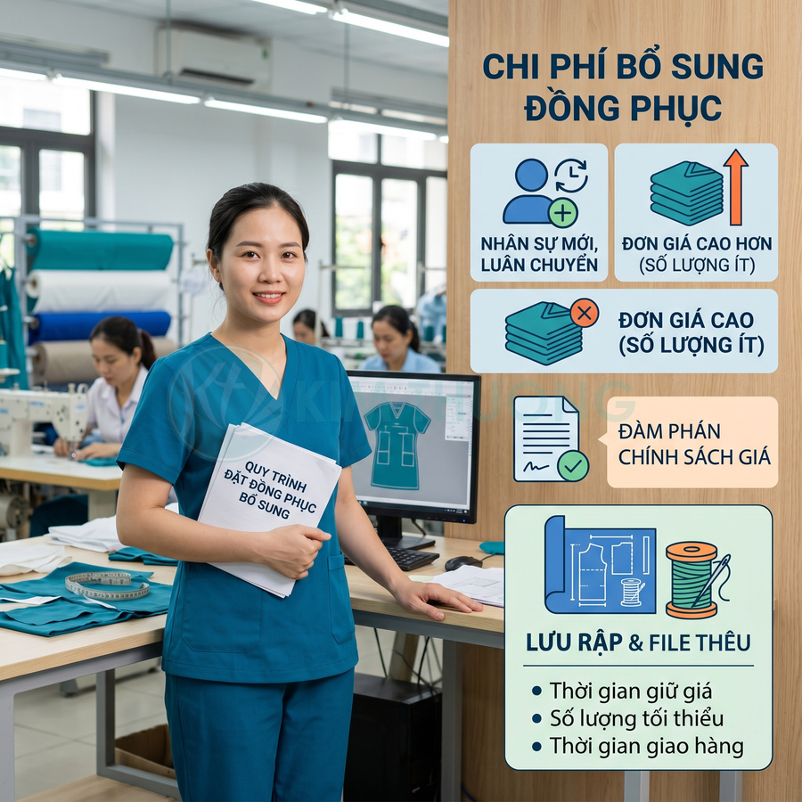 Nhân viên mặc đồng phục y tế màu xanh đứng trong xưởng may, giới thiệu quy trình đặt đồng phục bổ sung