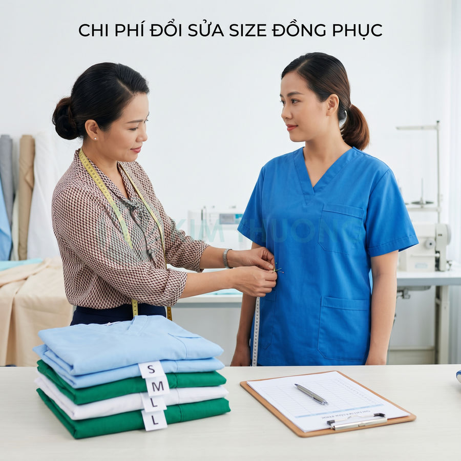 Thợ may đo chỉnh sửa size đồng phục y tế cho nữ nhân viên, cạnh đó là chồng áo đồng phục nhiều size