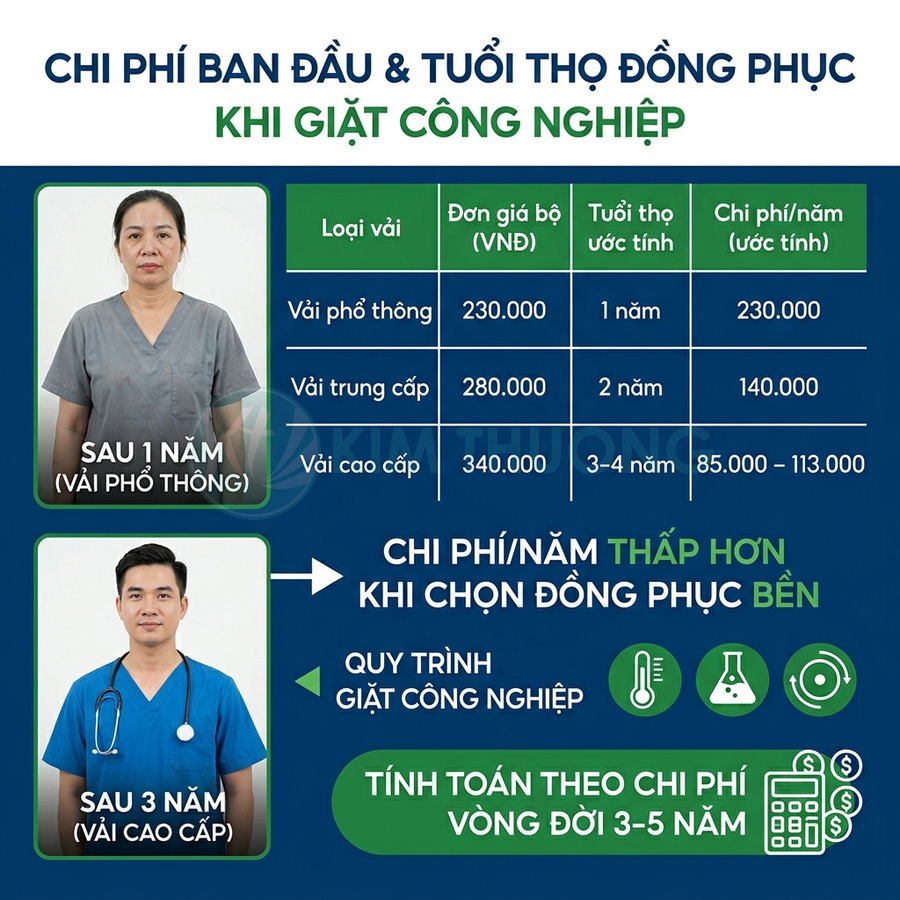 Bảng so sánh chi phí và tuổi thọ đồng phục y tế vải phổ thông, trung cấp, cao cấp khi giặt công nghiệp