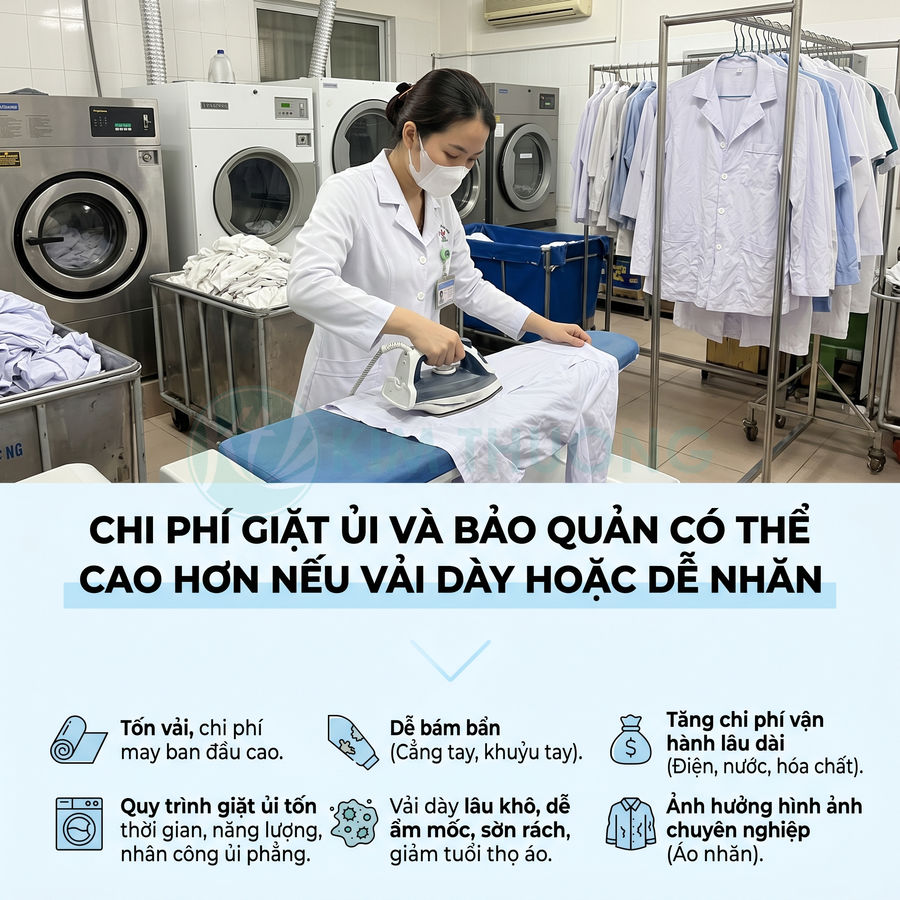 Nhân viên giặt là ủi áo blouse trắng trong phòng giặt công nghiệp với nhiều máy giặt sấy hiện đại