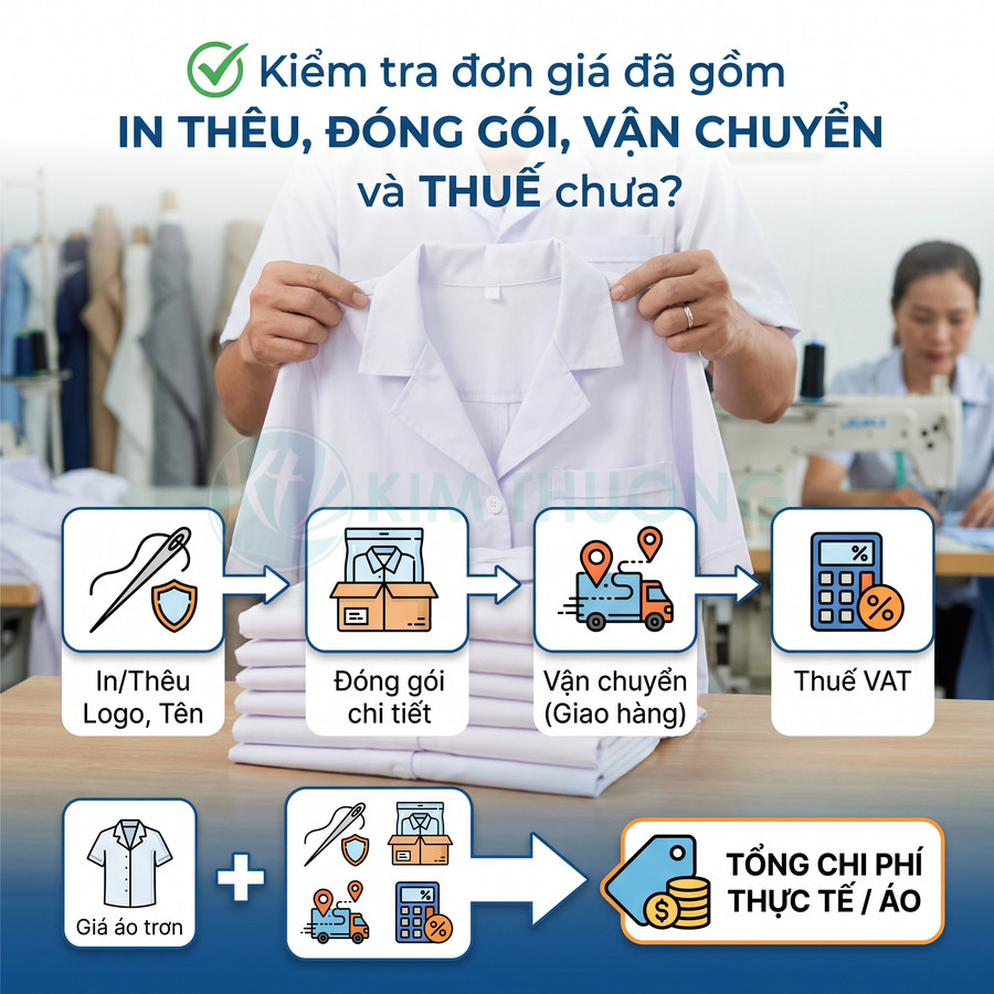 Áo sơ mi trắng được kiểm tra chi phí in thêu, đóng gói, vận chuyển và thuế VAT để tính tổng chi phí thực tế mỗi áo