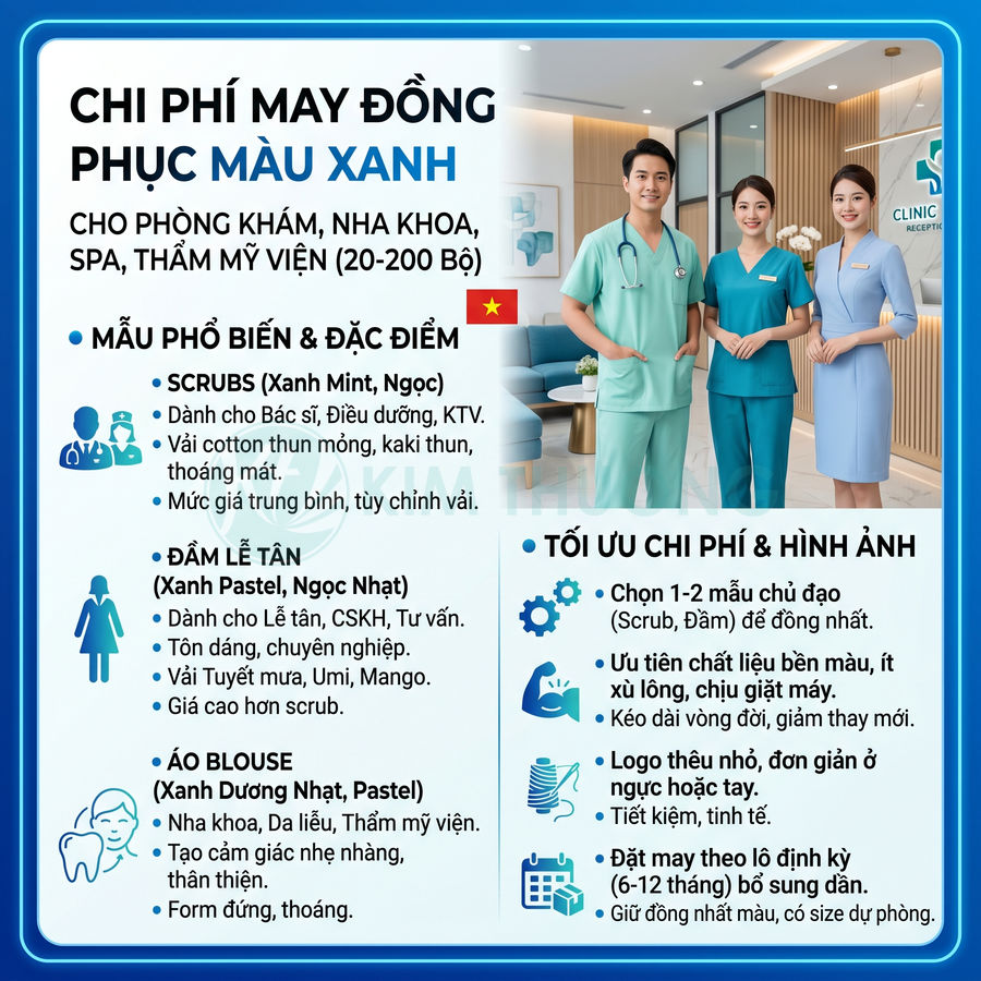 Bảng thông tin chi phí may đồng phục màu xanh cho phòng khám, nha khoa, spa và thẩm mỹ viện