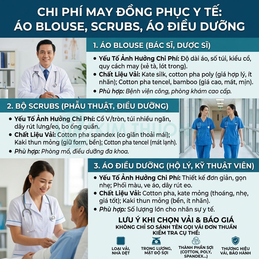 Infographic chi phí may đồng phục y tế gồm áo blouse bác sĩ, bộ scrubs phẫu thuật và áo điều dưỡng