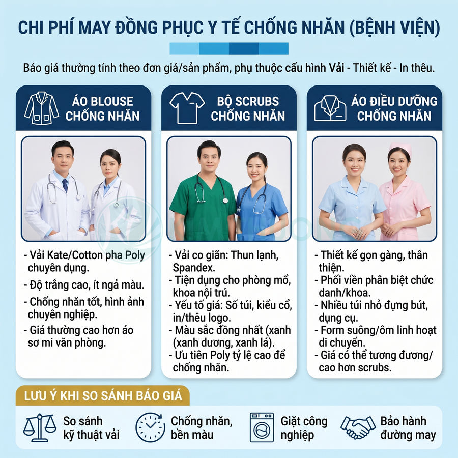 Bảng giới thiệu chi phí may đồng phục y tế chống nhăn với mẫu áo blouse, bộ scrubs và áo điều dưỡng cho bệnh viện