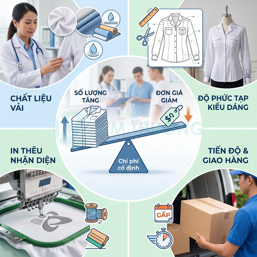 Các yếu tố ảnh hưởng đến chi phí may đồng phục gồm chất liệu vải, số lượng, kiểu dáng, in thêu và thời gian giao hàng
