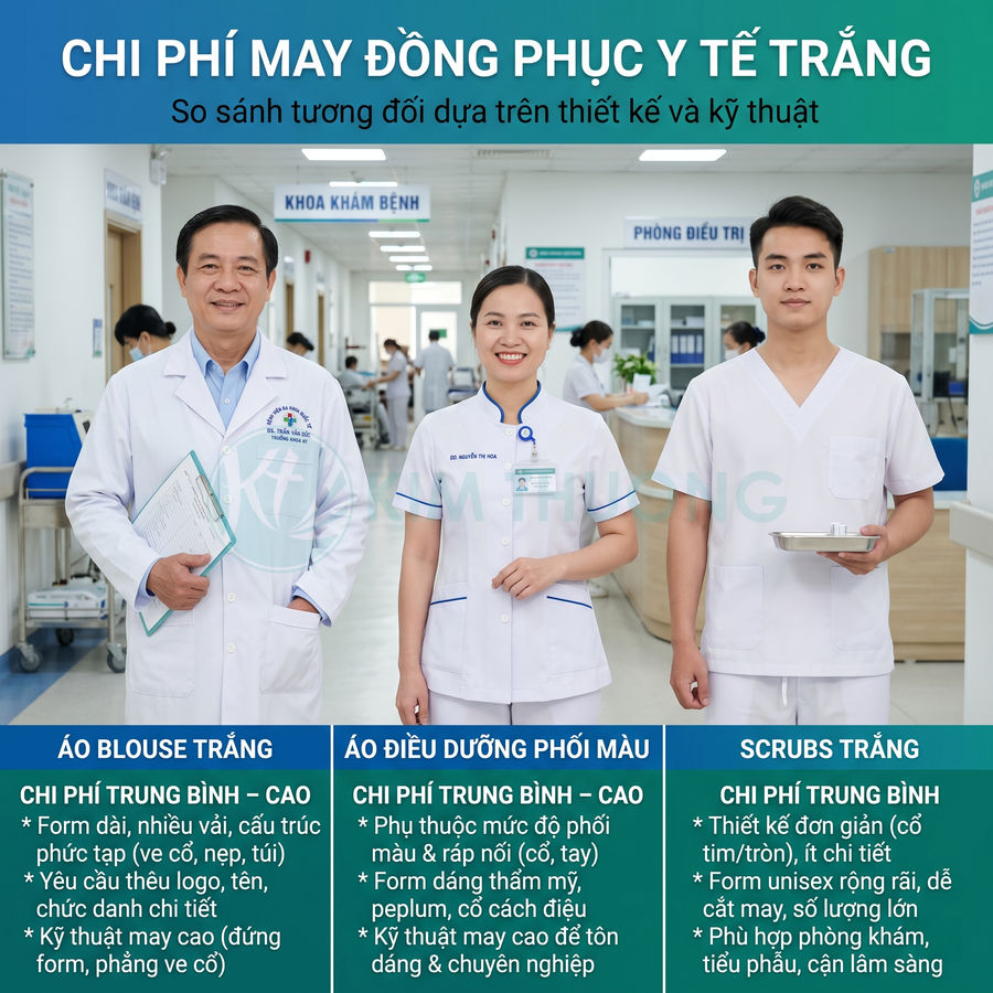 Bộ đồng phục y tế trắng gồm áo blouse bác sĩ, áo điều dưỡng phối màu và bộ scrubs trắng trong bệnh viện