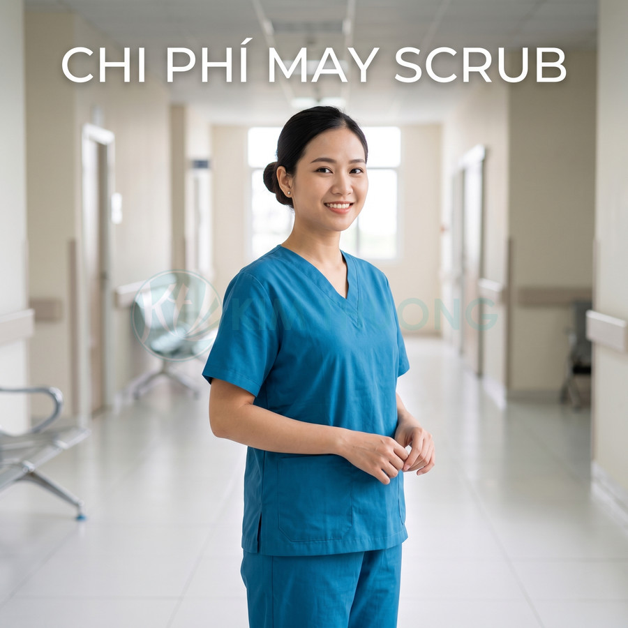 Đồng phục scrub y tá màu xanh dương đứng trong hành lang bệnh viện