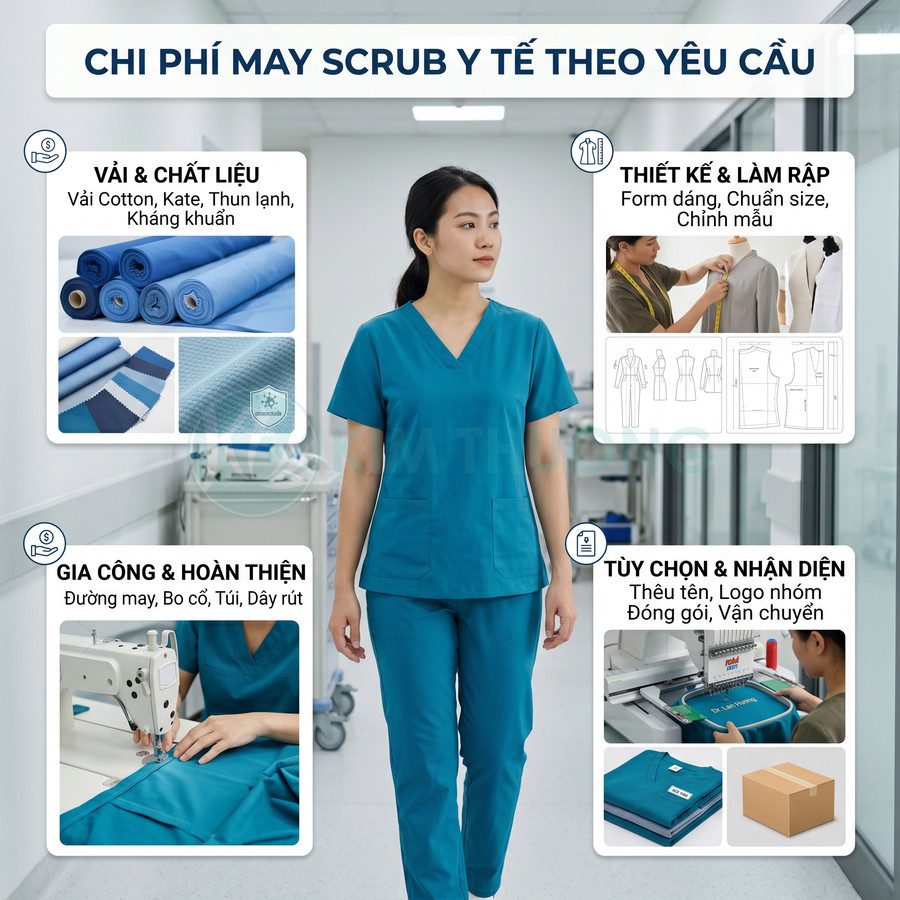 Đồng phục scrub y tế màu xanh cho nữ, may theo yêu cầu với vải kháng khuẩn, thiết kế, gia công và thêu logo riêng