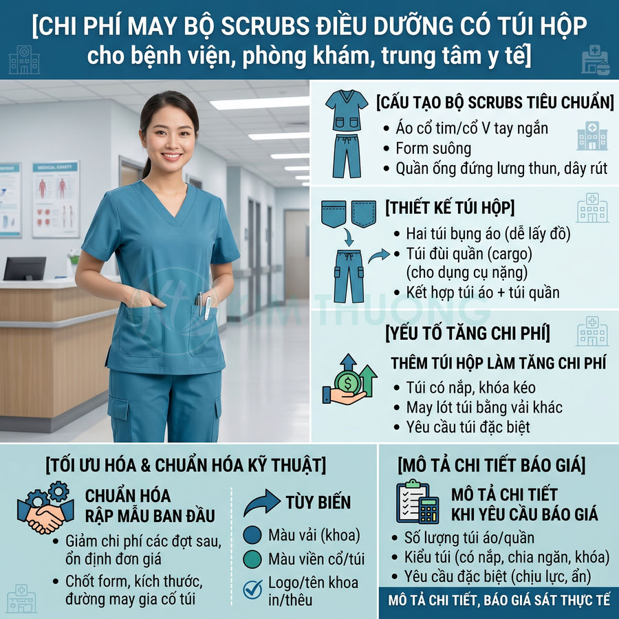 Nữ điều dưỡng mặc bộ scrubs xanh có túi hộp đứng trong hành lang bệnh viện, tay cầm bút và điện thoại