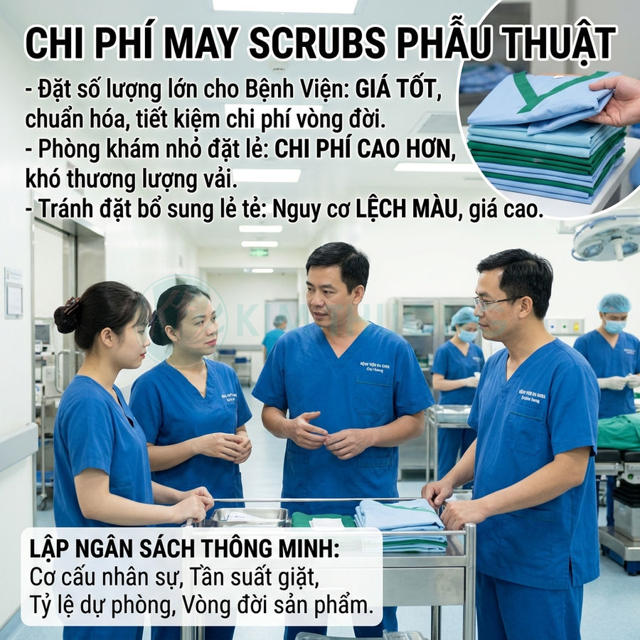 Bác sĩ mặc scrubs phẫu thuật màu xanh trao đổi trong phòng mổ bên cạnh chồng áo quần y tế gấp gọn