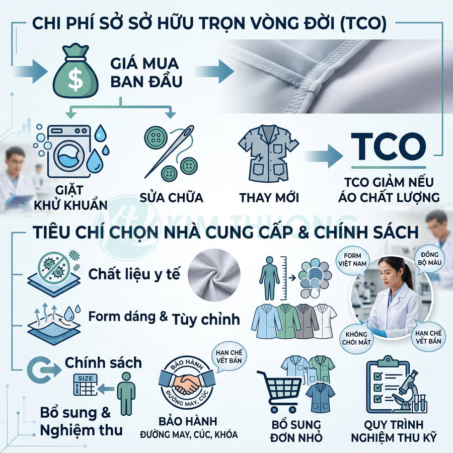 Infographic chi phí vòng đời và tiêu chí chọn nhà cung cấp áo blouse y tế chất lượng cao