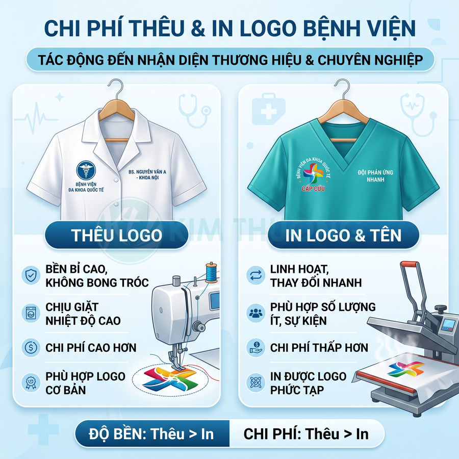 So sánh thêu logo và in logo tên trên áo đồng phục bệnh viện, ưu nhược điểm về độ bền và chi phí