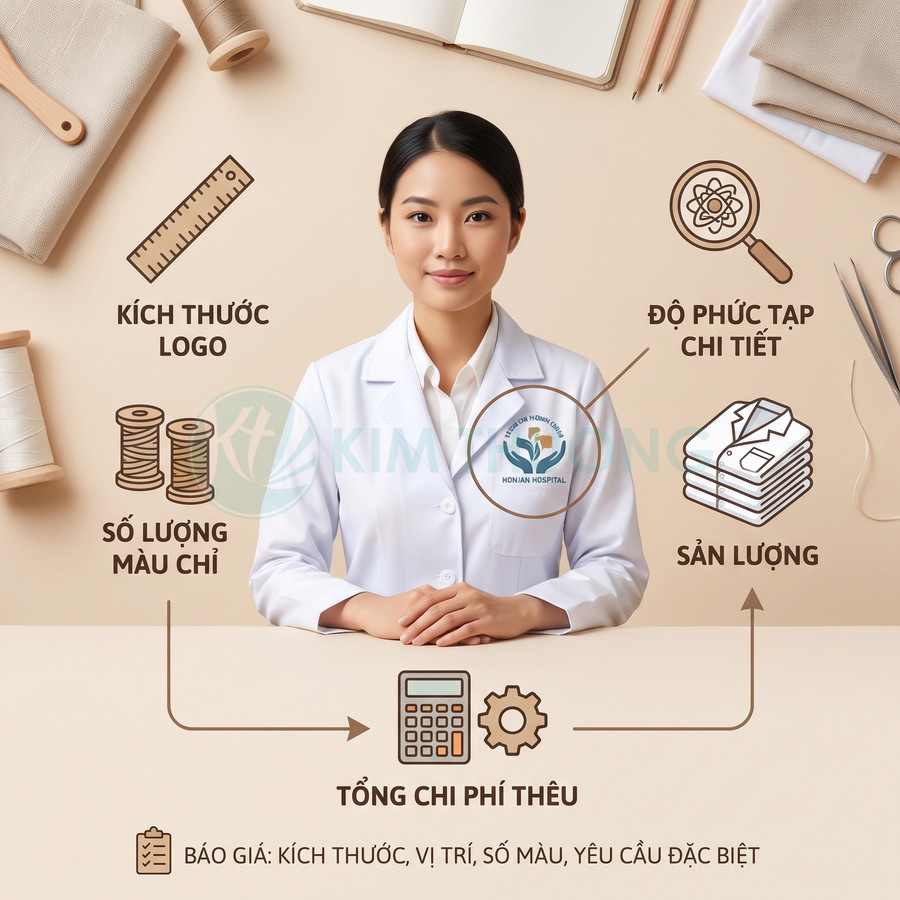 Nhân viên y tế giới thiệu các yếu tố ảnh hưởng đến chi phí thêu logo trên áo blouse như kích thước, số màu chỉ, độ phức tạp và sản lượng