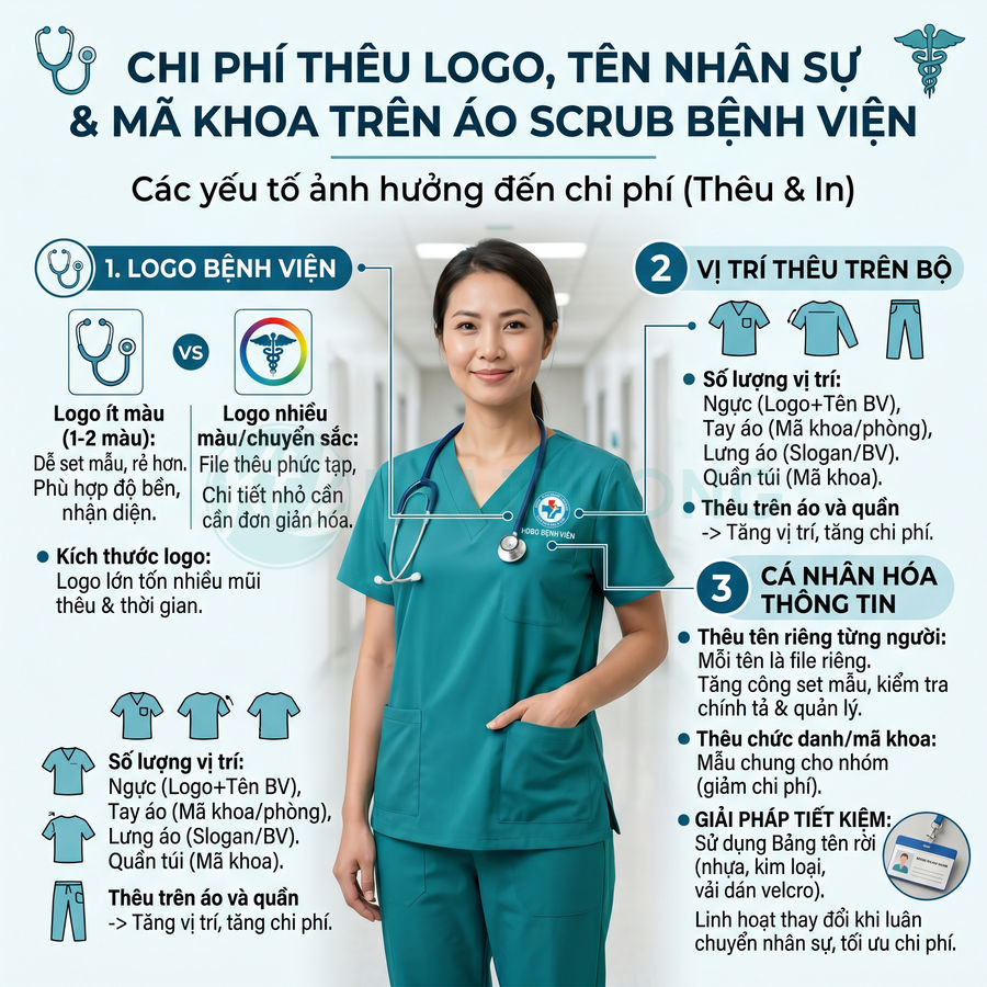 Nữ bác sĩ mặc bộ áo scrub bệnh viện màu xanh có thêu logo và bảng tên trên ngực